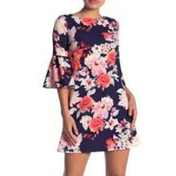 Eliza J. Blue Floral Bell Sleeve Sheath Dress Sz 4 - Picture 1 of 7